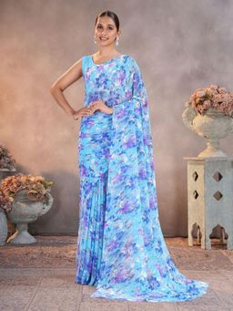 Garden VARELI - Blue Floral Printed Georgette Saree Without Blouse