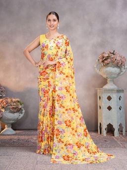 Garden VARELI - Yellow Floral Printed Georgette Saree Without Blouse