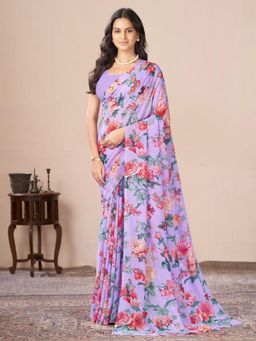 Garden VARELI - Purple Floral Printed Georgette Saree Without Blouse