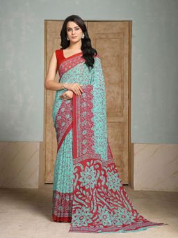 Garden VARELI - Turquoise Floral Printed Georgette Saree Without Blouse