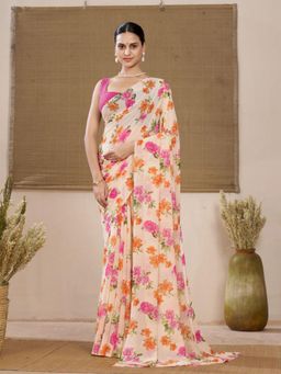 Garden VARELI - Pink Floral Printed Georgette Saree Without Blouse