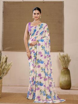 Garden VARELI - Floral Printed Blue Georgette Saree Without Blouse