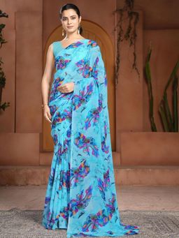 Garden VARELI - Blue Floral Printed Georgette Saree Without Blouse