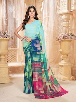 Garden VARELI - Turquoise Printed Georgette Saree Without Blouse