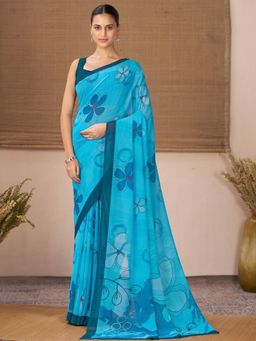 Garden VARELI - Turquoise Floral Printed Georgette Saree Without Blouse