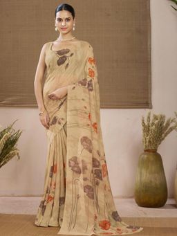 Garden VARELI - Beige Floral Printed Georgette Saree Without Blouse