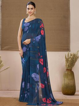 Garden VARELI - Navy Blue Floral Georgette Saree Without Blouse