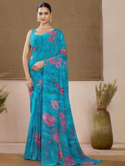 Garden VARELI - Blue Floral Printed Georgette Saree Without Blouse