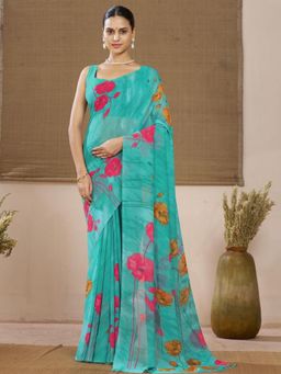 Garden VARELI - Teal Floral Georgette Saree Without Blouse