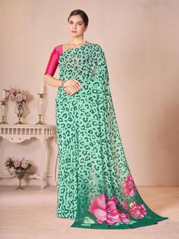 Garden VARELI - Green Floral Printed Georgette Saree Without Blouse
