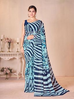 Garden VARELI - Blue Stripes Printed Georgette Saree with Unstitched Blouse