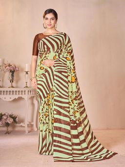 Garden VARELI - Green Stripes Printed Georgette Saree Without Blouse