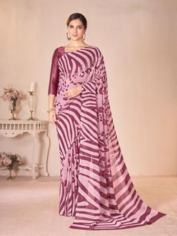Garden VARELI - Maroon Stripes Printed Georgette Saree with Unstitched Blouse