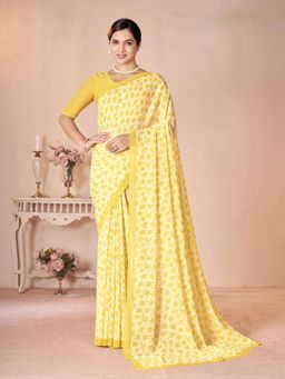 Garden VARELI - Floral Printed Yellow Georgette Saree with Unstitched Blouse