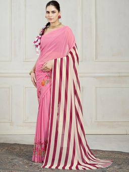 Garden VARELI - Pink Floral Printed Georgette Saree with Unstitched Blouse