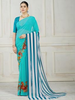 Garden VARELI - Turquoise Floral Georgette Saree with Unstitched Blouse
