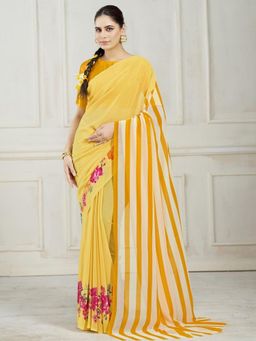 Garden VARELI - Yellow Floral Printed Georgette Saree Without Blouse