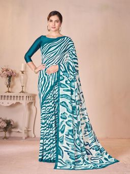 Garden VARELI - Blue Abstract Printed Georgette Saree Without Blouse