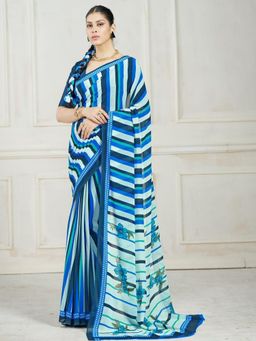 Garden VARELI - Blue Stripes Printed Georgette Saree with Unstitched Blouse