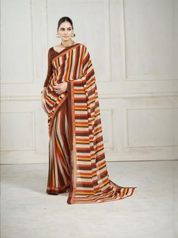 Garden VARELI - Brown Stripes Printed Georgette Saree Without Blouse