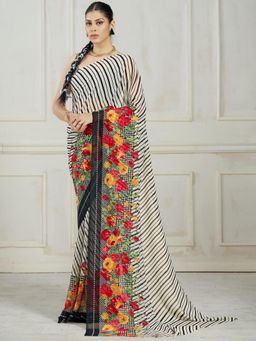 Garden VARELI - Off White Stripes Printed Georgette Saree Without Blouse