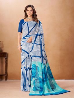 Garden VARELI - Women Blue Blue Printed Georgette Saree Without Blouse