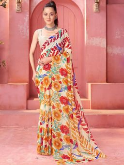 Garden VARELI - Floral Printed Orange Georgette Saree Without Blouse