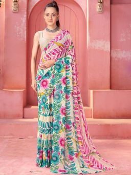 Garden VARELI - Teal Floral Printed Georgette Saree Without Blouse