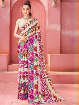 Garden VARELI - Purple Floral Printed Georgette Saree Without Blouse