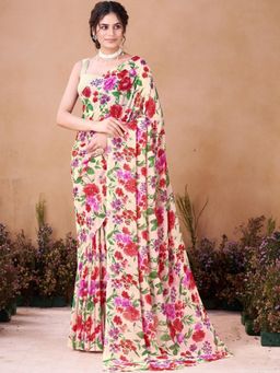 Garden VARELI - Floral Printed Beige Georgette Saree Without Blouse