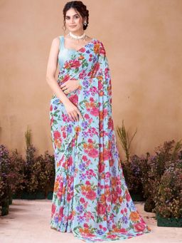 Garden VARELI - Women Blue Floral Georgette Saree Without Blouse