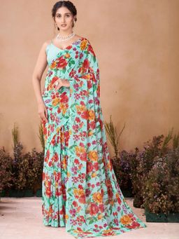 Garden VARELI - Women'S Green Floral Printed Georgette Saree Without Blouse
