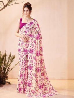 Garden VARELI - Women'S Pink Floral Printed Georgette Saree Without Blouse