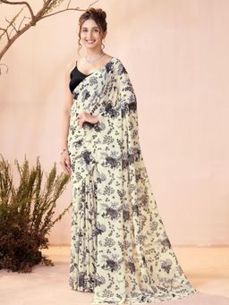 Garden VARELI - Black Floral Printed Georgette Saree Without Blouse