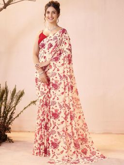 Garden VARELI - Red Floral Printed Georgette Saree Without Blouse