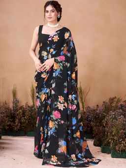 Garden VARELI - Women'S Black Floral Printed Georgette Saree Without Blouse