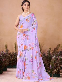 Garden VARELI - Lavender Floral Printed Georgette Saree Without Blouse