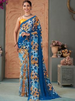 Garden VARELI - Blue Geometric Printed Georgette Saree Without Blouse