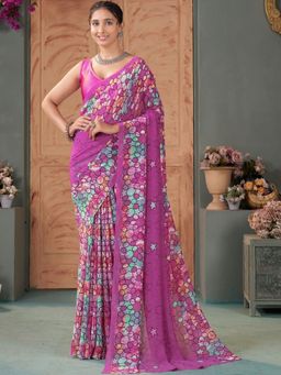 Garden VARELI - Abstract Printed Pink Georgette Saree Without Blouse