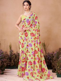 Garden VARELI - Yellow Floral Printed Georgette Saree Without Blouse