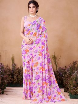 Garden VARELI - Women Pink Floral Georgette Saree Without Blouse