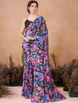 Garden VARELI - Floral Printed Black Georgette Saree Without Blouse