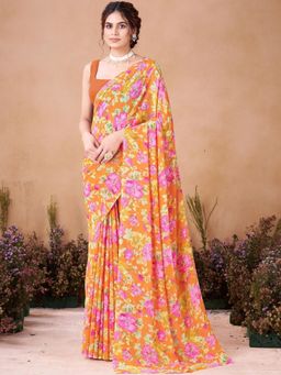 Garden VARELI - Orange Floral Printed Georgette Saree Without Blouse