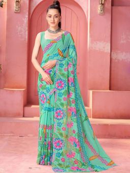 Garden VARELI - Floral Printed Georgette Green Saree Without Blouse