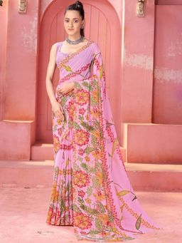 Garden VARELI - Floral Printed Pink Georgette Saree Without Blouse