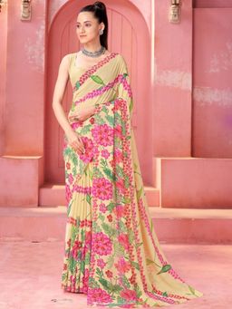 Garden VARELI - Floral Printed Georgette Yellow Saree Without Blouse