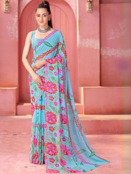 Garden VARELI - Blue Floral Georgette Saree Without Blouse