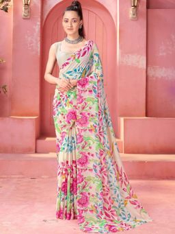 Garden VARELI - Beige Floral Printed Georgette Saree Without Blouse