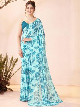 Garden VARELI - Floral Printed Teal Georgette Saree Without Blouse
