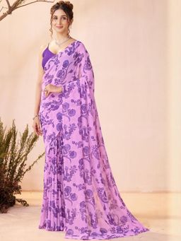 Garden VARELI - Purple Floral Printed Purple Georgette Saree Without Blouse